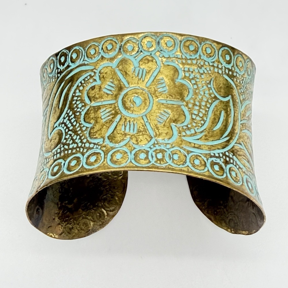 Wide Brass Cuff Bracelet Embossed Etched Floral Boho Vintage Style Green Patina